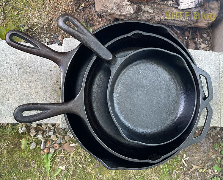 3 cast iron skillets