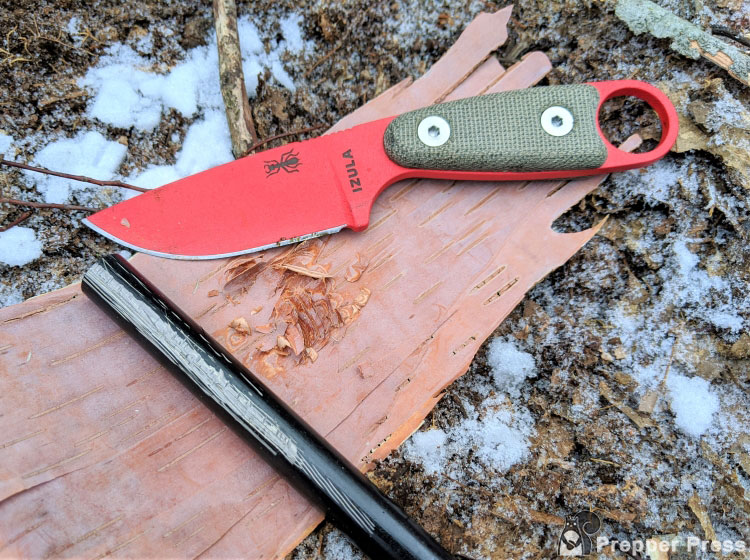 ESEE izula survival neck knife firesteel feathering birch bark