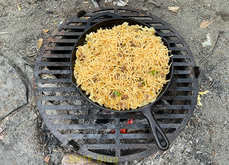 cheese on noodle dish in skillet