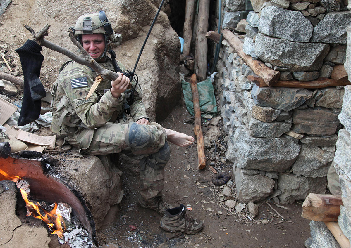 soldier drying his sock