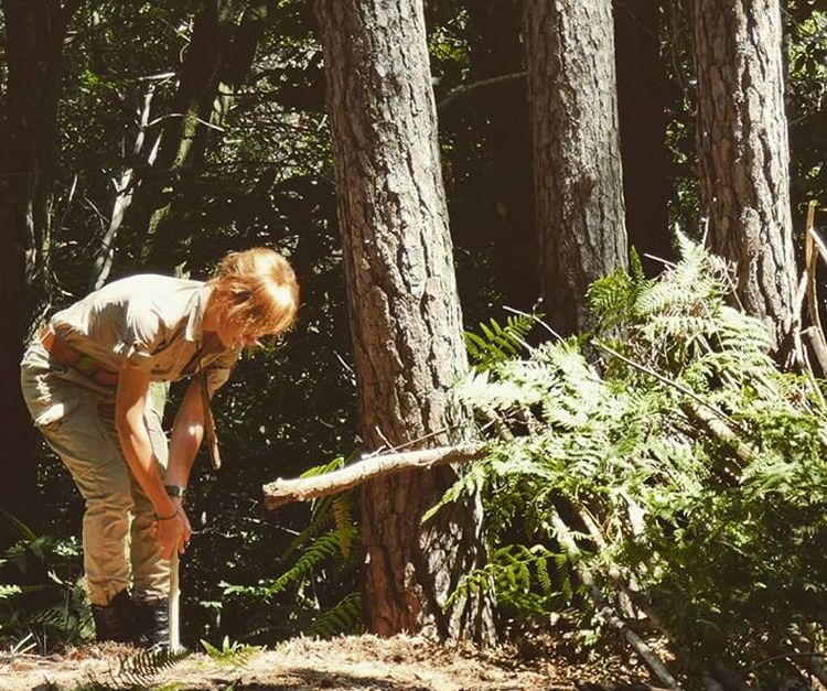 Woman staking out a hidden bushcraft shelter